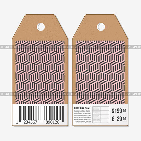 Vector tags design on both sides, cardboard sale labels with barcode. Recurring cubes on background. Geometric pattern. Simple abstract monochrome texture. Стоковая иллюстрация, агентство Ingram Publishing / Фотобанк Лори