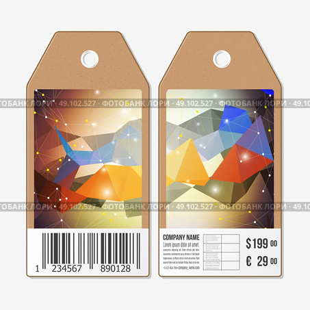 Vector tags design on both sides, cardboard sale labels with barcode. Abstract geometric colorful triangle design. Стоковая иллюстрация, агентство Ingram Publishing / Фотобанк Лори