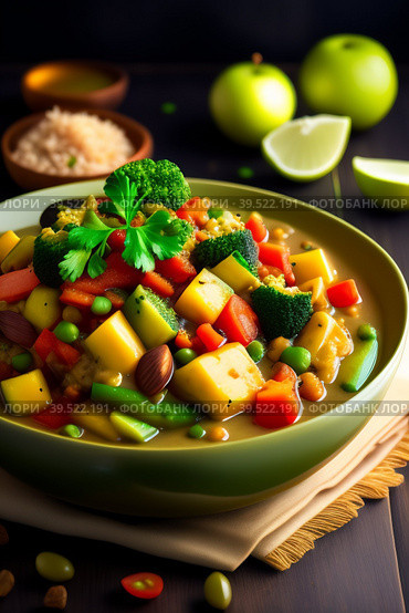 Vegetable stew with eggplant and zucchini on a wooden background. Стоковая иллюстрация, иллюстратор Марина Володько / Фотобанк Лори