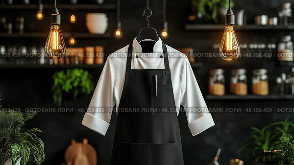 Versatile chef apron mockup displayed in a modern kitchen setting. Вид спереди на стильный поварской фартук с завязками на спине  на современной кухне. Теплое освещение подчеркивает уютную атмосферу среди банок и растений. Стоковое AI-изображение, AI-художник Katsiaryna Repich / Фотобанк Лори