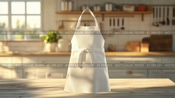 Versatile chef apron mockup with front cross-back straps in modern kitchen. Универсальный поварской фартук с перекрестными лямками спереди для современной кухни. Стоковое AI-изображение, AI-художник Katsiaryna Repich / Фотобанк Лори