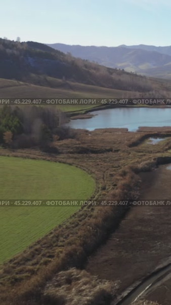 Vertical drone video of flying over a hilly rural landscape with a winding road and fish ponds. Altai Krai. Стоковое видео, видеограф Сергей Пристяжнюк (Serg Zastavkin) / Фотобанк Лори