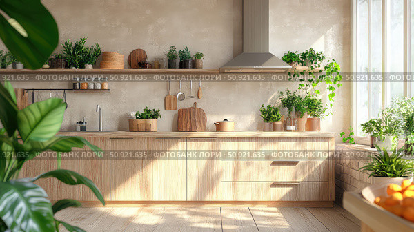 vertical kitchen with plants ai generated. Стоковое AI-изображение, AI-художник Vectorwin / Фотобанк Лори