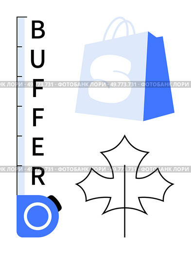 Vertical measuring tape with BUFFER, blue and white shopping bag, and outline of a maple leaf. Ideal for shopping, measurement, branding, design, and simplicity. Clean digital style. Measuring Tape with BUFFER Text, Shopping Bag, and Maple Leaf Drawing. Стоковая иллюстрация, агентство Ingram Publishing / Фотобанк Лори