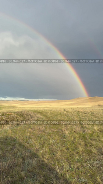 Vertical video of rainbow over the shore of Baikal Lake after rain. Panoramic view of Small Sea and endless steppe of Olkhon Island. Natural background. Стоковое видео, видеограф Виктория Катьянова / Фотобанк Лори