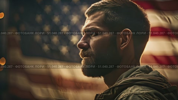 Veteran man standing proudly in front of American flag, symbolizing patriotism and national pride. Стоковое AI-видео, аниматор Данила Большаков / Фотобанк Лори