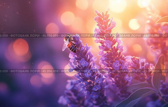 Vibrant bee pollinates purple flowers during golden hour in a lush garden. Стоковое AI-изображение, AI-художник Юлия Гапеенко / Фотобанк Лори
