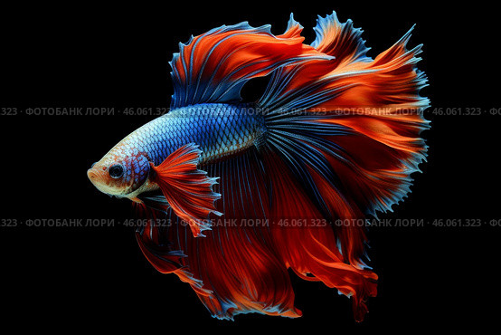 Vibrant betta fish flaunting colorful fins on black background. Стоковое AI-изображение, AI-художник Иван Рябоконь / Фотобанк Лори