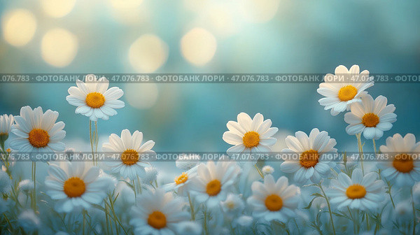 Vibrant daisies blooming in a serene garden during springtime. Яркие белые маргаритки с желтыми центрами наполняют сад, мягко покачиваясь на весеннем ветерке. Мягкий рассеянный свет создает спокойную атмосферу, подчеркивая их красоту. Стоковое AI-изображение, AI-художник Katsiaryna Repich / Фотобанк Лори