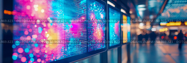 Vibrant Digital Billboards Displaying Abstract Data Visualization and Luminous Art in a Modern, Blurry Urban Concourse. Стоковое AI-изображение, AI-художник Данила Большаков / Фотобанк Лори