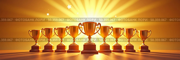 Vibrant digital illustration of gleaming golden trophies and awards arranged in a celebratory atmosphere on a wooden surface. Стоковое AI-изображение, AI-художник Андрей Бакусов / Фотобанк Лори