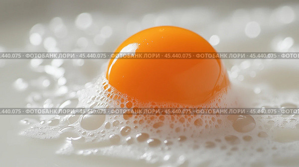 Vibrant egg yolk floating on whisked egg white creating culinary delight. Стоковое AI-изображение, AI-художник Юрий Поздников / Фотобанк Лори