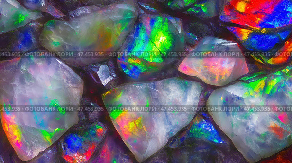 Vibrant opal stones showcasing colorful textures and reflections in natural light. Стоковое AI-изображение, AI-художник Ксения Лаптева / Фотобанк Лори