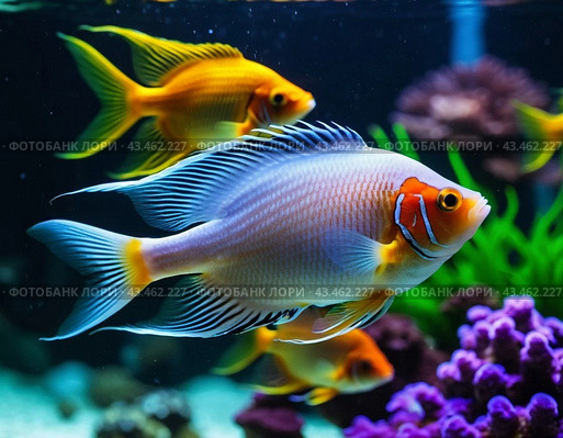 Vibrant orange white yellow blue red reef fish swim through coral reef. Sun rays pierce sea water. Variety of animal. Ecology hydrosphere. Anthropogenic factor influencing death of coral reefs. AI. Стоковое AI-изображение, AI-художник Юлия Петровская / Фотобанк Лори