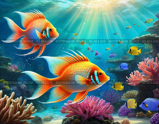 Vibrant orange white yellow blue red reef fish swim through coral reef. Sun rays pierce sea water. Variety of animal. Ecology hydrosphere. Anthropogenic factor influencing death of coral reefs. AI. Стоковое AI-изображение, AI-художник Юлия Петровская / Фотобанк Лори