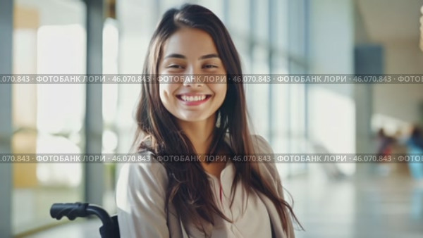 Vibrant portrait of young female student with disability looking at camera in college library and smiling. Стоковое AI-видео, аниматор ALLA YURTAYEVA / Фотобанк Лори