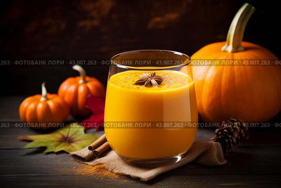 Vibrant Pumpkin healthy drink glass. Generate Ai. Стоковое AI-изображение, AI-художник Иван Рябоконь / Фотобанк Лори