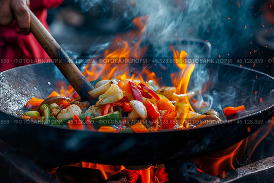 Vibrant vegetables sizzling in a hot skillet over an outdoor flame during a lively cooking session. Стоковое AI-изображение, AI-художник Sergey Grishin / Фотобанк Лори