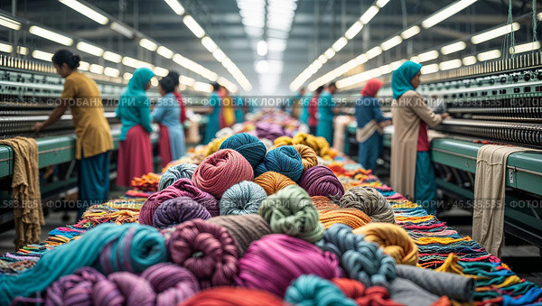 Vibrant yarns displayed in a bustling textile factory with workers busily engaged in their tasks. Стоковое AI-изображение, AI-художник Сергей Толмачёв / Фотобанк Лори