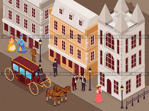 Victorian era street with city houses gentlemen ladies in fashionable crinoline skirts carriage isometric view vector illustration. Стоковая иллюстрация, агентство Ingram Publishing / Фотобанк Лори