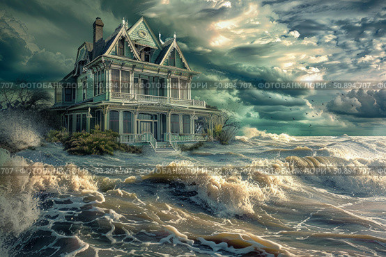 Victorian house surviving storm surge and coastal flooding. Стоковое AI-изображение, AI-художник Иван Рябоконь / Фотобанк Лори