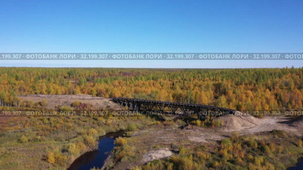 Вид осенним днем на старый железнодорожный мост железной дороги "Чум - Салехард - Игарка" сталинской 501-й стройки ГУЛАГ. Ямало-Ненецкий автономный округ. Стоковое видео, видеограф Григорий Писоцкий / Фотобанк Лори
