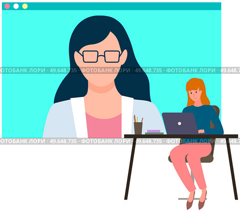 Video call with friend. Girl talking to lady in glasses by computer webcam. Online conference, virtual meeting. Young women chatting remotely. Stay home, social distancing. Vector illustration. Video call with friend. Girl talking to lady in glasses by computer webcam, online conference. Стоковая иллюстрация, агентство Ingram Publishing / Фотобанк Лори