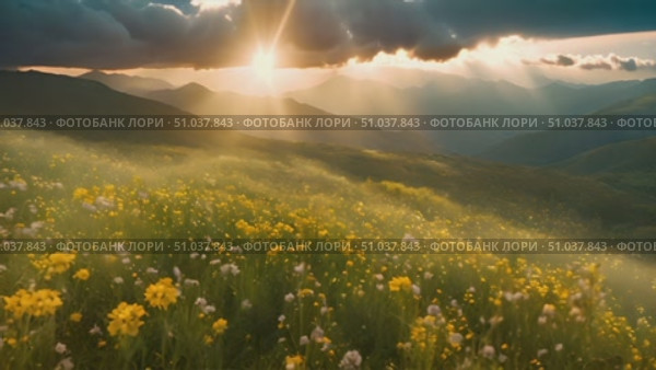 Video captures the sun piercing through dense clouds casting a beautiful light over the majestic mountains in the background. Стоковое AI-видео, аниматор Данила Большаков / Фотобанк Лори