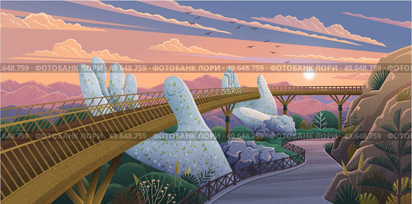 Vietnam tourist attraction, golden pedestrian bridge. Bridgework overlooking mountain landscape. Huge construction in Thien Thai Garden. Golden bridge in stone hands, famous landmark in da nang. Vietnam tourist attraction, golden pedestrian bridge. Bridgework overlooking mountain landscape. Стоковая иллюстрация, агентство Ingram Publishing / Фотобанк Лори