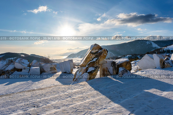 View from the marble quarry to the village of Buguldeyka and Lake Baikal in February, Russia. Стоковое фото, фотограф Ирина Толокновская / Фотобанк Лори
