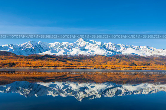 View of lake Dzhangyskol and the north Chui ridge and their reflection in the lake in autumn, Yeshtykel tract. Russia, Altai republic. Стоковое фото, фотограф Наталья Волкова / Фотобанк Лори