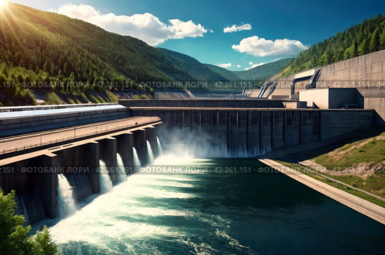 View of modern giant dam, hydroelectric power station. Hydro electrification concept. Copy ad text space. Стоковое AI-изображение, AI-художник Aleksandr Golubev / Фотобанк Лори