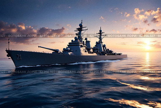 View of naval warship under sunset evening sky, mission military control of open sea. Skyline scenery of battleship on protection of water state borders. Naval forces army concept. Copy ad text space. Стоковое AI-изображение, AI-художник Aleksandr Golubev / Фотобанк Лори