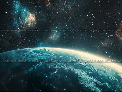 View of planet Earth from space. Стоковое AI-изображение, AI-художник Ekaterina Barashkova / Фотобанк Лори