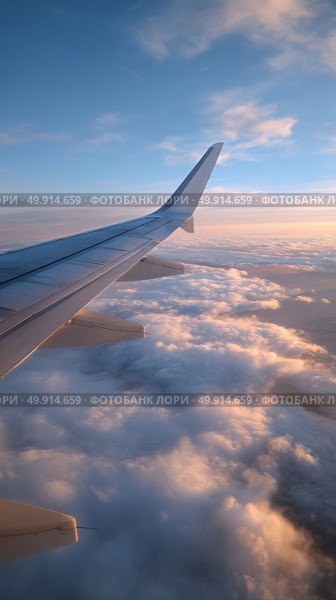View of the Airplane Wing Above Fluffy Clouds During Sunset With Dramatic Sky Colors. Стоковое AI-изображение, AI-художник Юлия Гапеенко / Фотобанк Лори