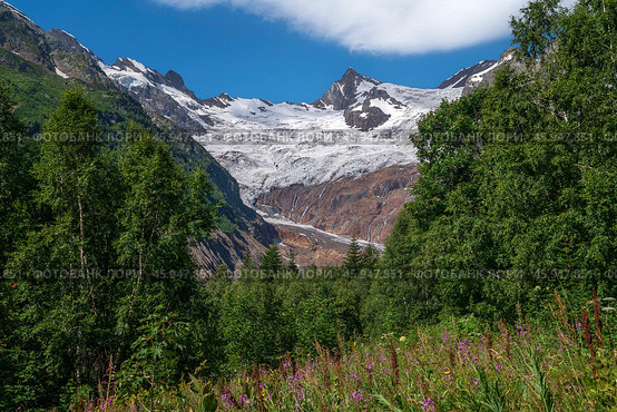 View of the Alibek glacier in the mountains of the North Caucasus on the territory of the Teberdinsky Nature Reserve on a sunny summer day, Dombay, Karachay-Cherkessia, Russia. Стоковое фото, фотограф Ula Ulachka / Фотобанк Лори