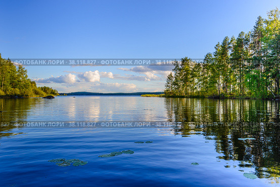 View of the island at sunset with reflection. Haukivesi lake. Finland. Стоковое фото, фотограф Михаил Аккуратoв / Фотобанк Лори