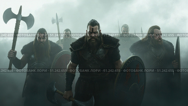 Viking warriors standing with axes and shields in misty landscape. Стоковое фото, фотограф David Kashakhi / Фотобанк Лори