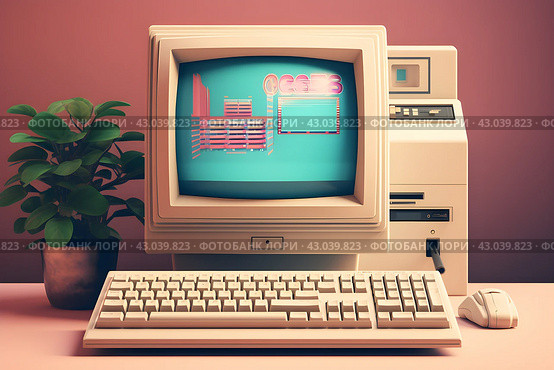 Vintage 1980s personal desktop computer with screen and keyboard,  generated by AI. 3D illustration. Стоковое AI-изображение, AI-художник Виталий Сова / Фотобанк Лори