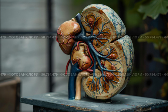 Vintage anatomical model of human kidney showing nephrons and blood vessels. Стоковое AI-изображение, AI-художник Иван Рябоконь / Фотобанк Лори