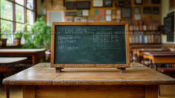 Vintage Classroom Setting with Chalkboard and Desks: A Nostalgic Educational Scene. Стоковое AI-изображение, AI-художник Данила Большаков / Фотобанк Лори