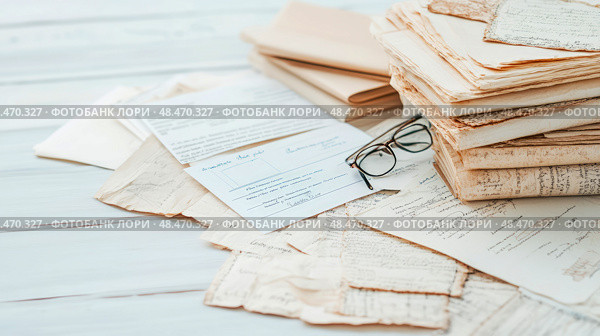 Vintage Epistolary Legacy: a Timeless collection of manuscripts with spectacles. Стоковое AI-изображение, AI-художник Данила Большаков / Фотобанк Лори