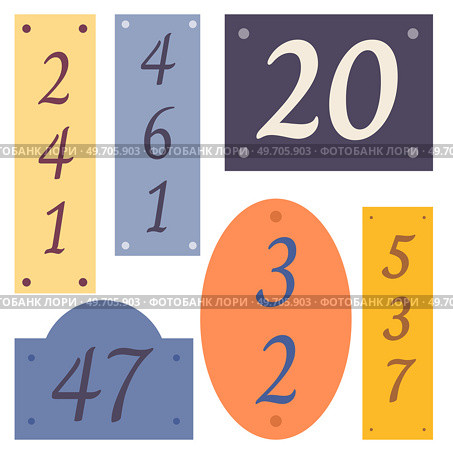 Vintage House numbers boards sign isolated. Figure for hotels room, residence, villa, office, street, regency, and company. Building facade element, signs for house or street, color numeric frame. Vintage House numbers boards sign isolated. Figure for hotels room, residence, villa, office, street. Стоковая иллюстрация, агентство Ingram Publishing / Фотобанк Лори