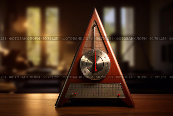 Vintage metronome ticking on wooden table in blurred room. Стоковое AI-изображение, AI-художник Иван Рябоконь / Фотобанк Лори