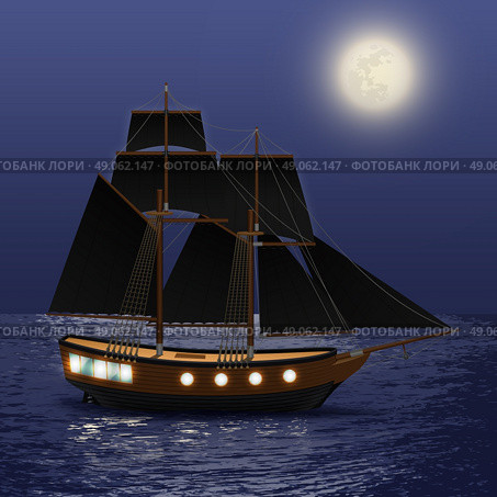 Vintage ship with black sails at night sea background vector illustration. Night Sea Background. Стоковая иллюстрация, агентство Ingram Publishing / Фотобанк Лори