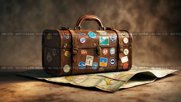 Vintage suitcase adorned with travel stickers resting on a detailed map showcasing a wanderlust theme. Стоковое AI-изображение, AI-художник Сергей Толмачёв / Фотобанк Лори