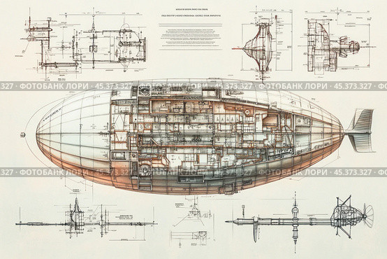 Vintage zeppelin blueprint showing detailed structure and design. Стоковое AI-изображение, AI-художник Юрий Поздников / Фотобанк Лори
