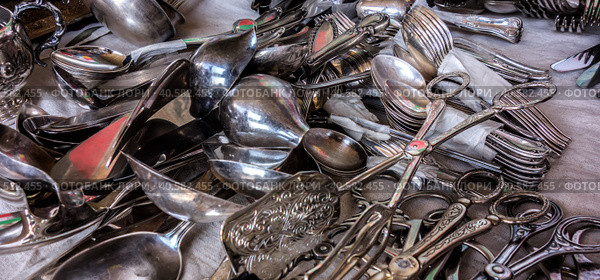 Винтажное столовое серебро крупным планом/ Vintage silver Cutlery background. Стоковое фото, фотограф Iva Noel / Фотобанк Лори