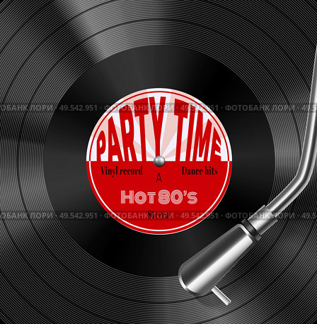Vinyl record disc with stylus in groove realistic closeup top view image hot 1980s retro vector illustration. Стоковая иллюстрация, агентство Ingram Publishing / Фотобанк Лори