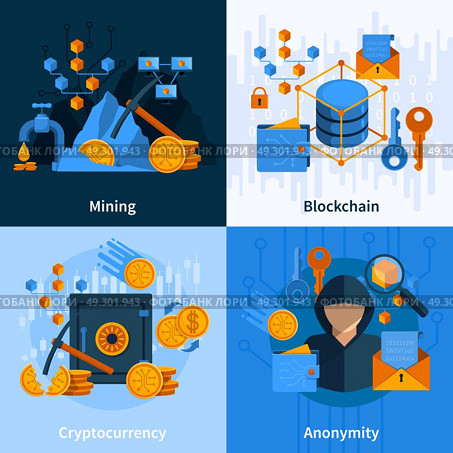Virtual Currency Flat Style Concept. Concept in flat style with virtual currency and block chain mining and anonymity isolated vector illustration. Стоковая иллюстрация, агентство Ingram Publishing / Фотобанк Лори